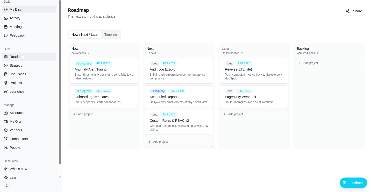 Roadmap in the PM app — Now / Next / Later columns with project cards