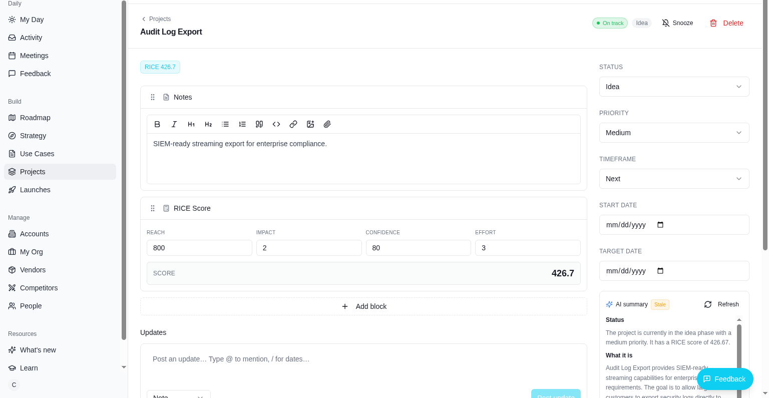 Project detail page in the PM app with notes, decisions and rich content blocks