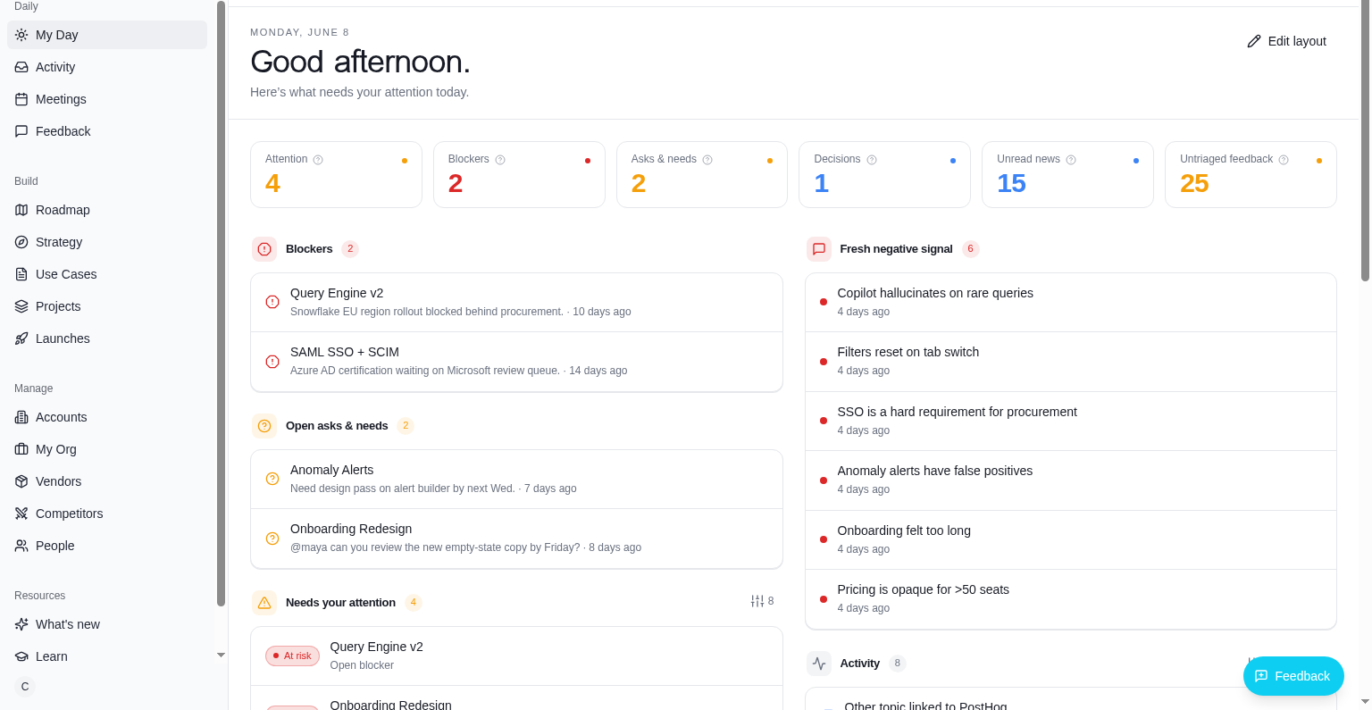My Day in the PM app — greeting, attention stats, blockers, asks and needs, and activity feed