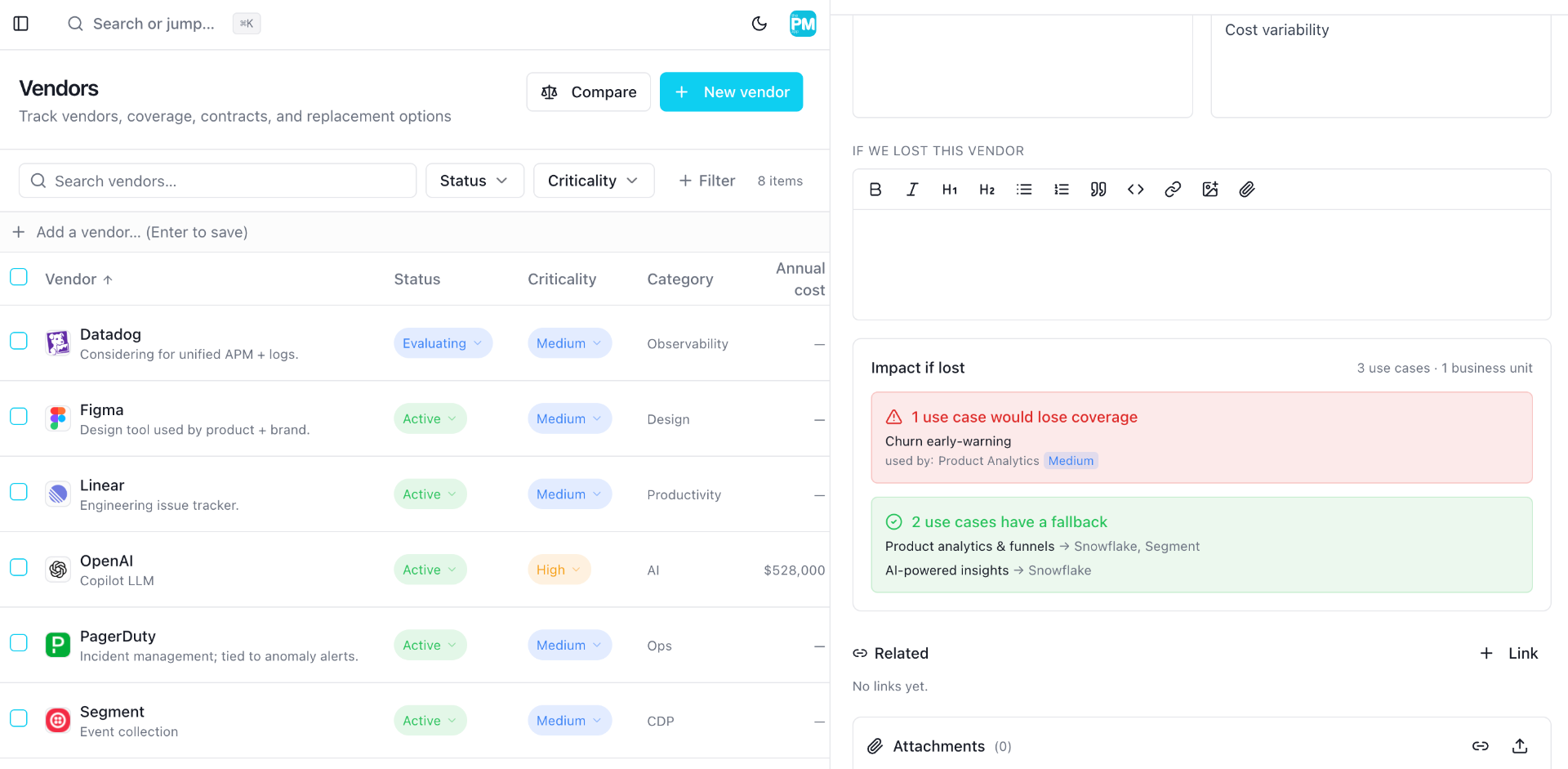 Vendors register in the PM app — Nova Analytics workspace with costs, criticality, categories and renewal data