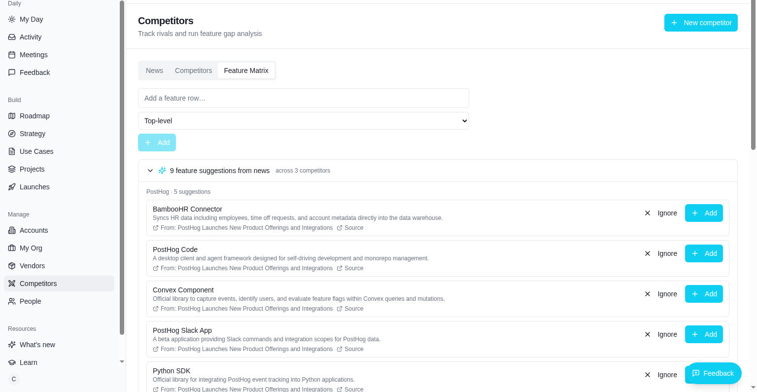 Competitors workspace in the PM app — tracked news, feature suggestions and feature matrix